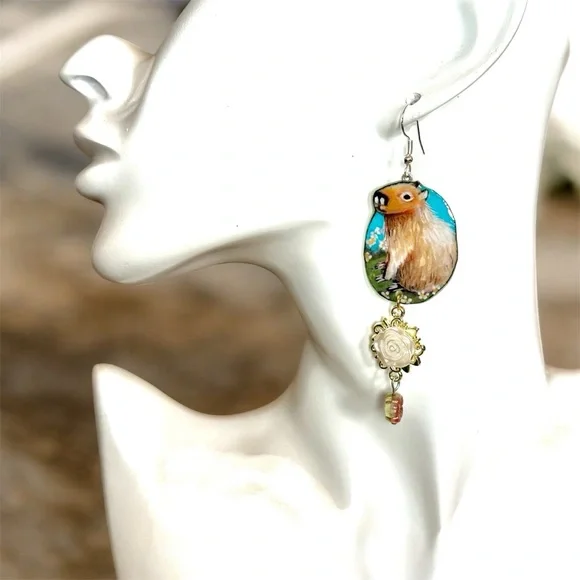 Capybara handpainted earrings w dangle white flower charm OOAK - Picture 4 of 6